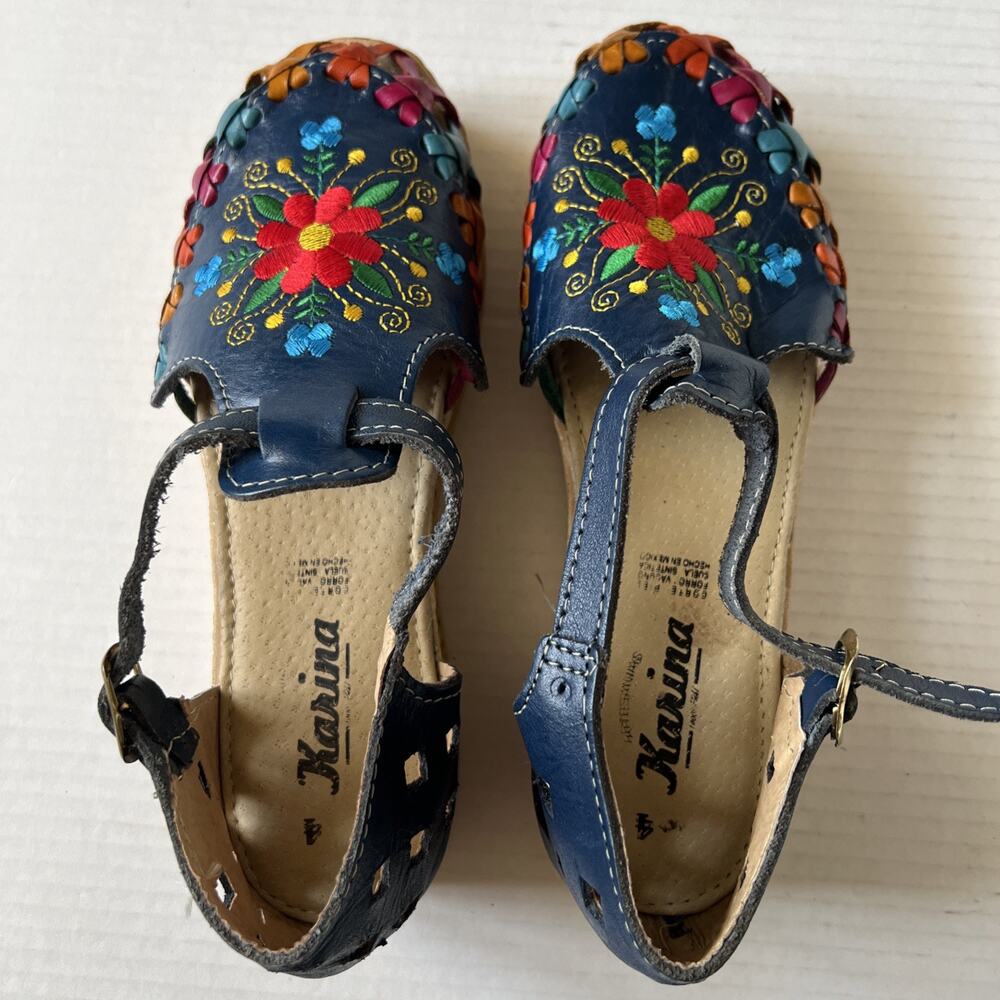 Karina Sz 4 Embroidered Flowers Boho Leather Sandal Made In Mexico/ Excellent - Picture 12 of 12